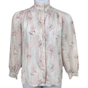 Vintage Blouse Mock Neck Button Up Tan Flay Size 8 Pink White Gray Leaves